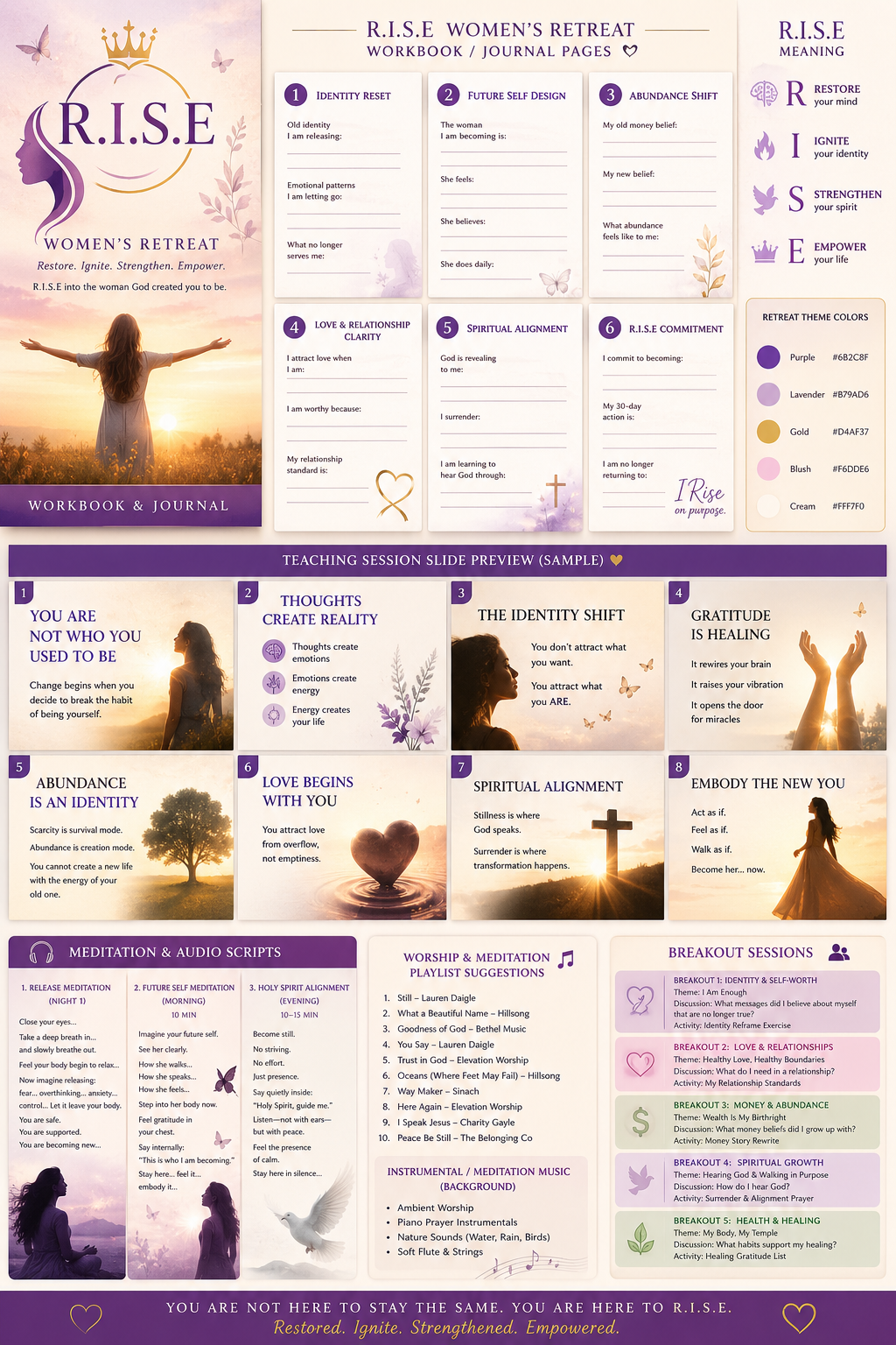 R.I.S.E. Women's Retreat handout with workbook sections and session outlines